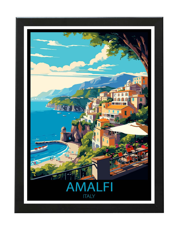 AMALFI COAST ITALY - RETRO TRAVEL POSTER PRINT WANDERLUST WALL ART BLACK