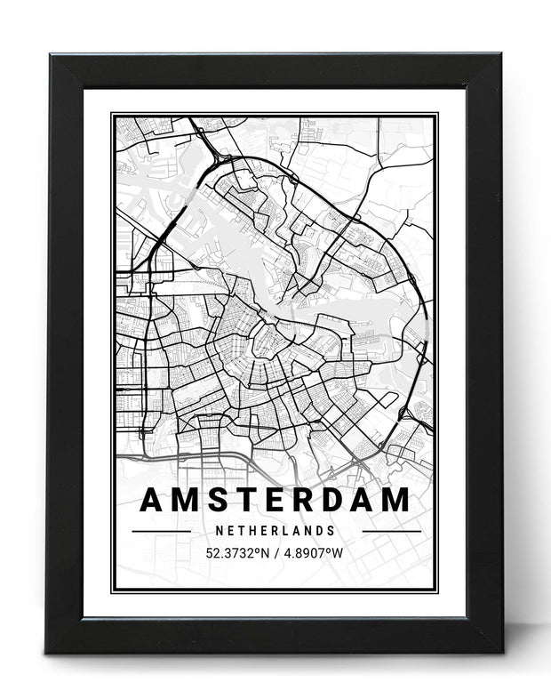 AMSTERDAM MAP PRINT BLACK & WHITE CITY WALL ART POSTER