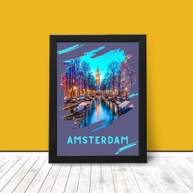 Amsterdam Travel Poster Print Modern Wall Art Cityscape Landmark Canal