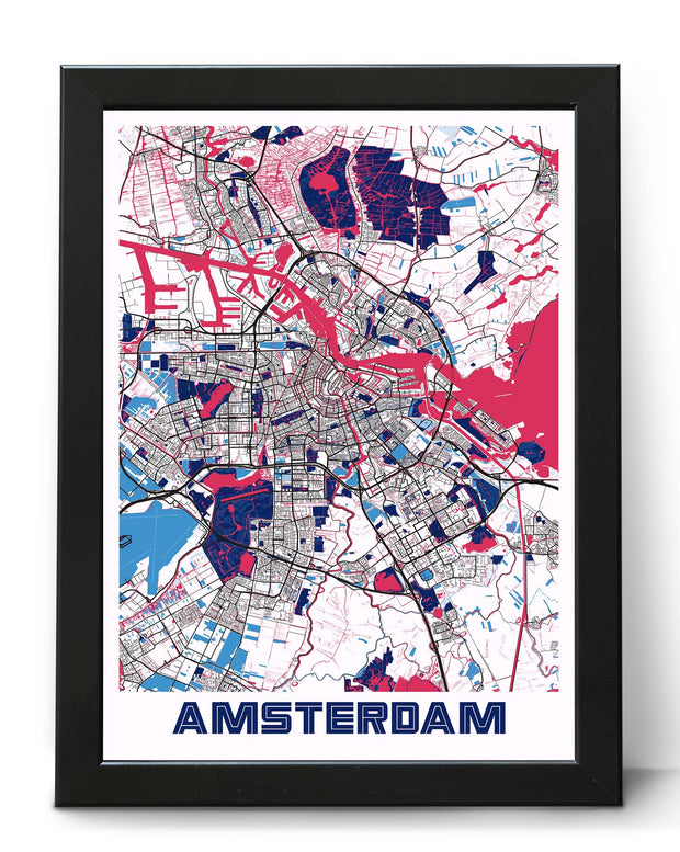 AMSTERDAM CITY MAP POSTER, ART PRINT WALL ART DEEP BLUE & PINK