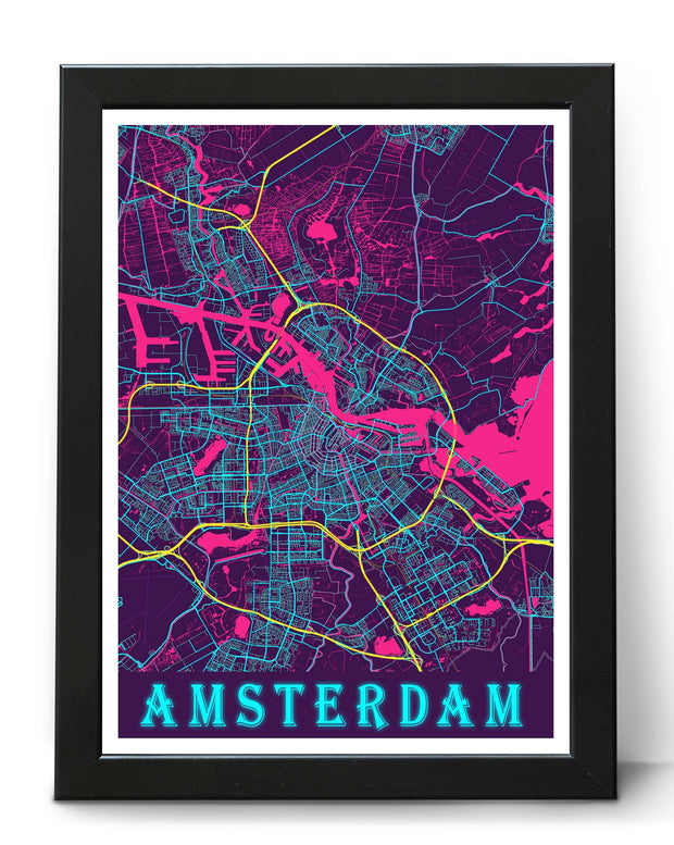 AMSTERDAM CITY MAP POSTER PRINT NEON WALL ART MAP COLLECTION