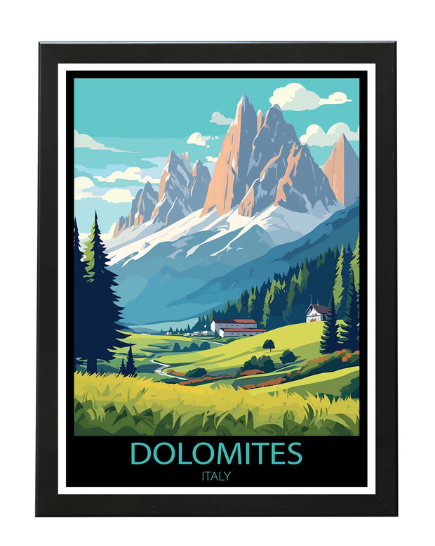 DOLOMITES MOUNTAIN RANGE ITALY TRAVEL POSTER PRINT - ADVENTURER WALL ART BLACK