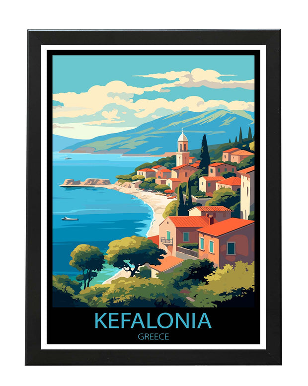 KEFALONIA GREECE POSTER PRINT RETRO TRAVEL WALL ART PRINTS ILLUSTRATION PRINTED GIFTS BLACK