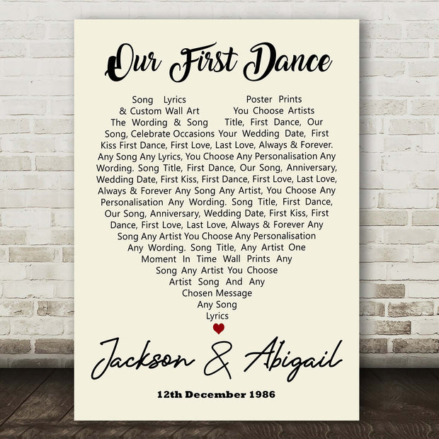 Personalised Song Lyric Poster, Heart Prints, Wall Art - Any Song