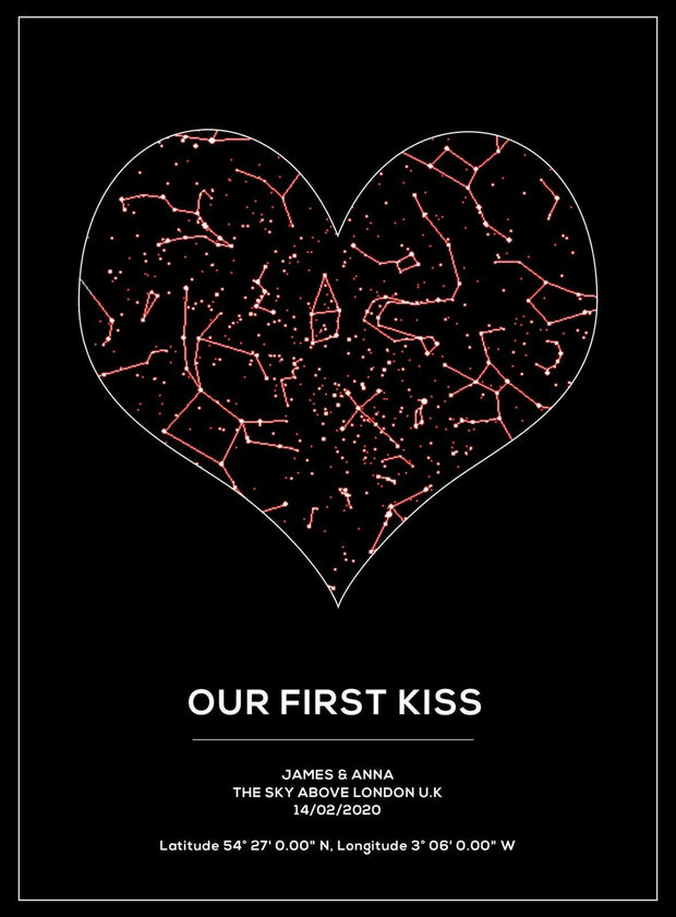 Personalised Night Sky Star Map Heart Poster Print The Night Sky - Our First Kiss Anniversary Gift