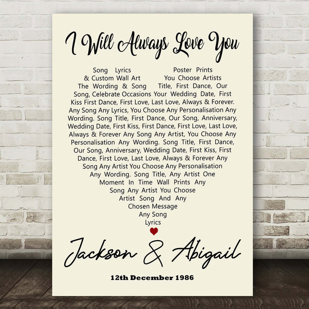 Personalised Song Lyric Poster, Heart Prints, Wall Art - Any Song