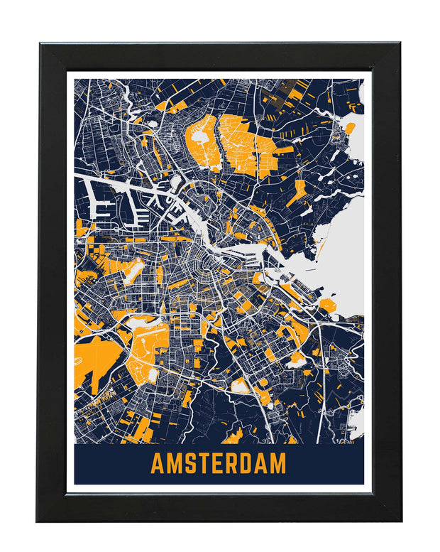 AMSTERDAM CITY MAP ART PRINT WALL ART POSTER MAP COLLECTION DEEP BLUE & YELLOW