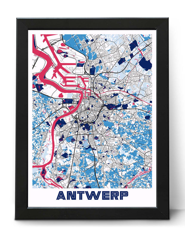 ANTWERP BELGIUM CITY MAP ART PRINT POSTER DEEP BLUE & PINK