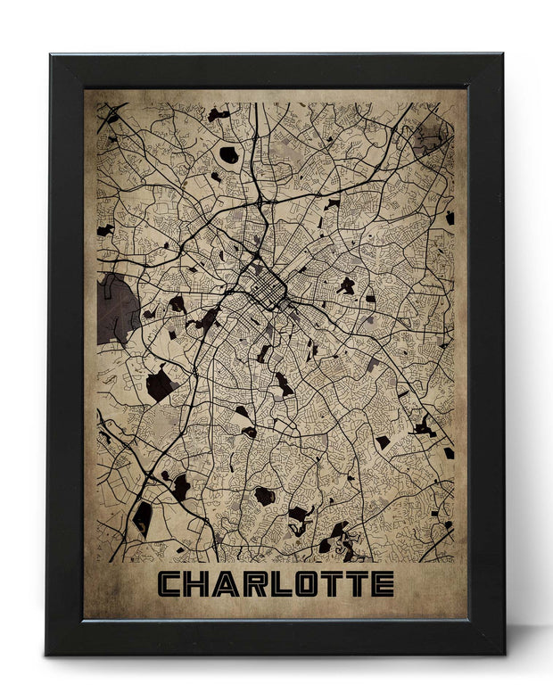 CHARLOTTE CITY MAP WALL ART VINTAGE WALL GALLERY POSTER MAP COLLECTION