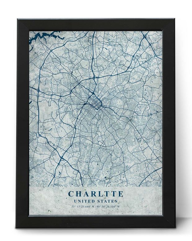 CHARLOTTE CITY MAP WALL ART CANVAS VINTAGE DECOR ART POSTER MAP COLLECTION