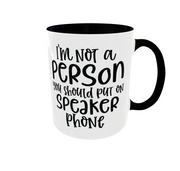 White mug with black text on a white background, black handle and rim. Funny Gift ideas