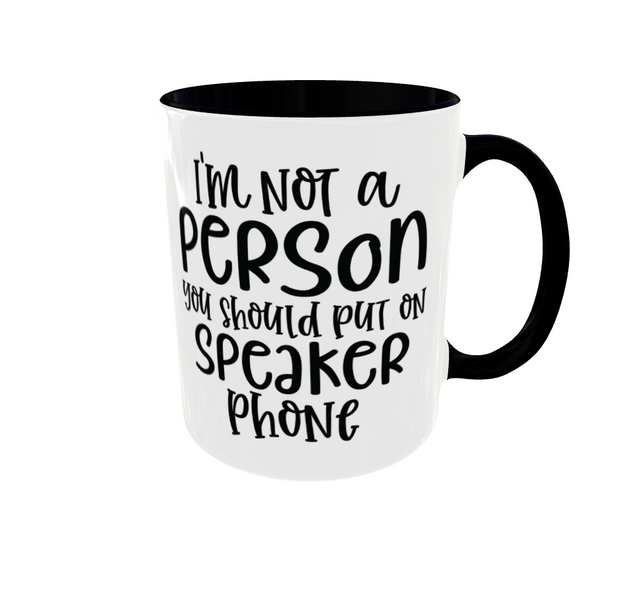 White mug with black text on a white background, black handle and rim. Funny Gift ideas