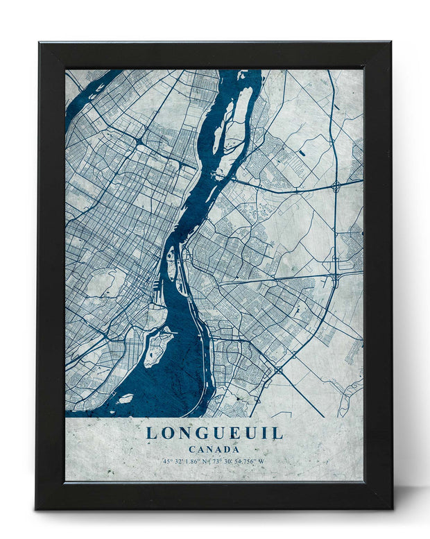 LONGUEUIL CITY MAP WALL VINTAGE FRAME ART CANVAS POSTER MAP COLLECTION
