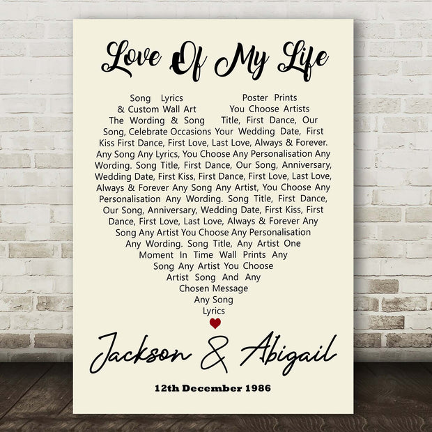 Personalised Song Lyric Poster, Heart Prints, Wall Art - Any Song