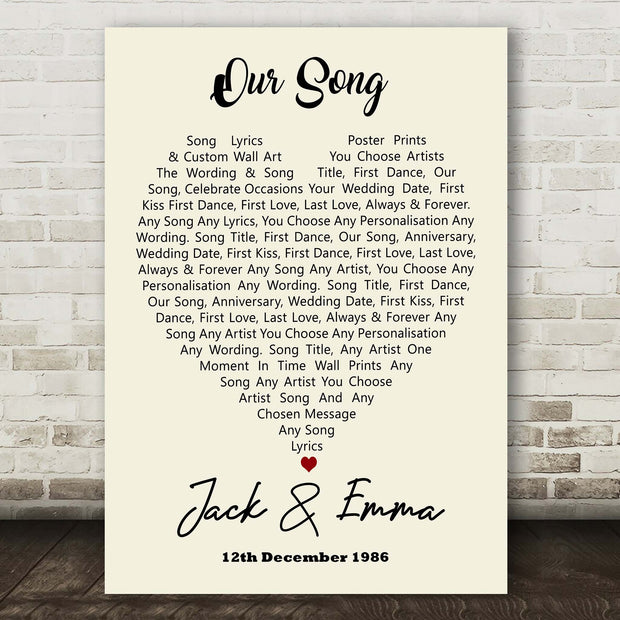 Our Song Personalised Song Lyric Poster Prints Custom Heart Wall Art Plain