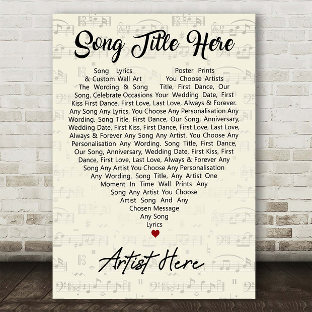 Custom Song Lyric Poster Prints Heart Wall Art - Any Song - A4 & A3 Script