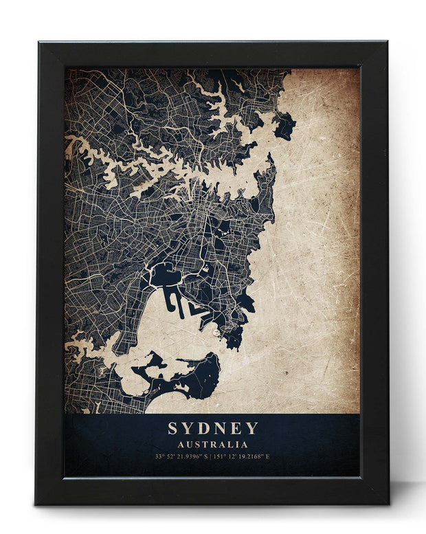 SYDNEY CITY MAP WALL ART VINTAGE FRAME ART WORK POSTER MAP COLLECTION