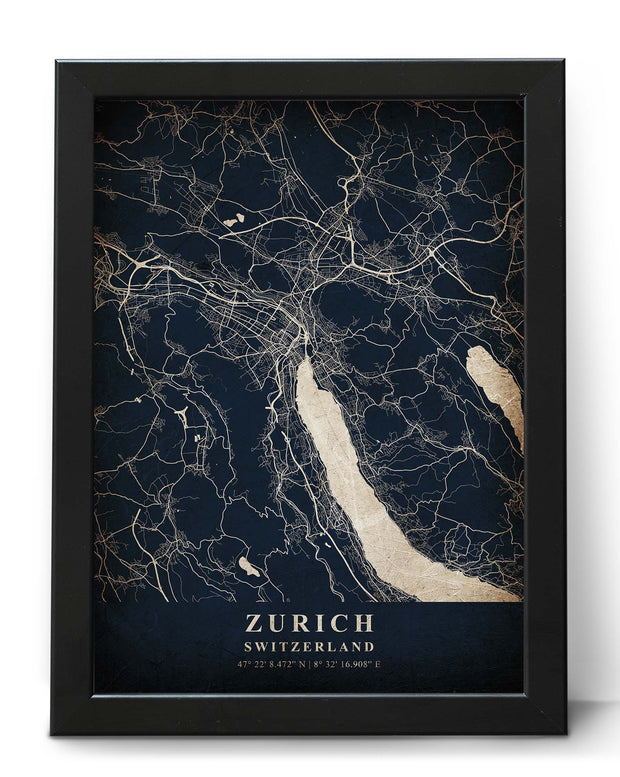 ZURICH CITY MAP WALL ART CANVAS VINTAGE PRINT ART POSTER MAP COLLECTION