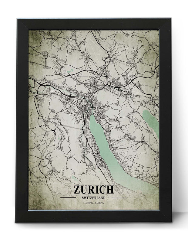 ZURICH CITY MAP WALL ART WORK PRINT GALLERY VINTAGE POSTER MAP COLLECTION